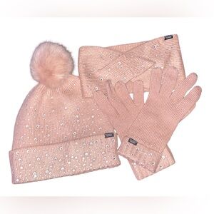 NWOT Victoria’s Secret Angels Blush Knit Rhinestone Pom Beanie Gloves + Headband